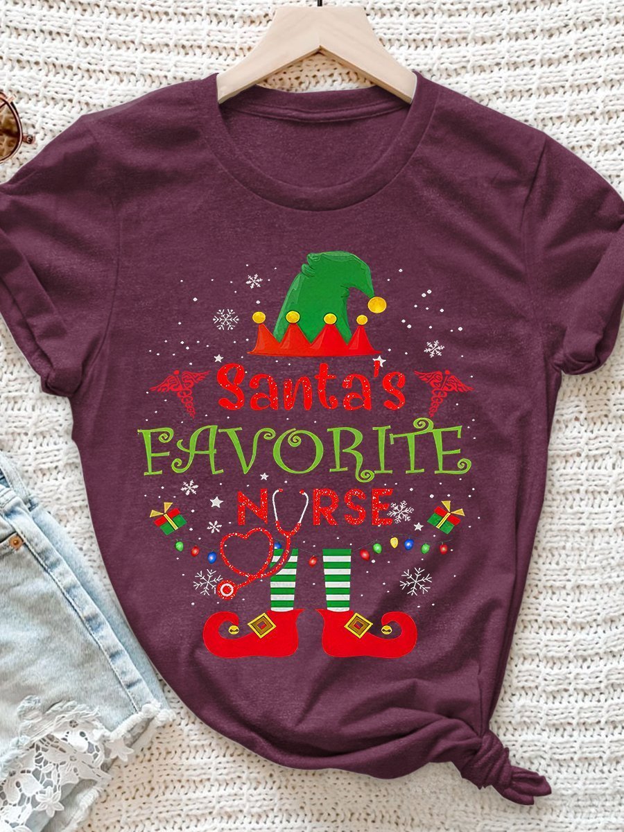 Santa's Favorite Nurse Print Short Sleeve T-shirt