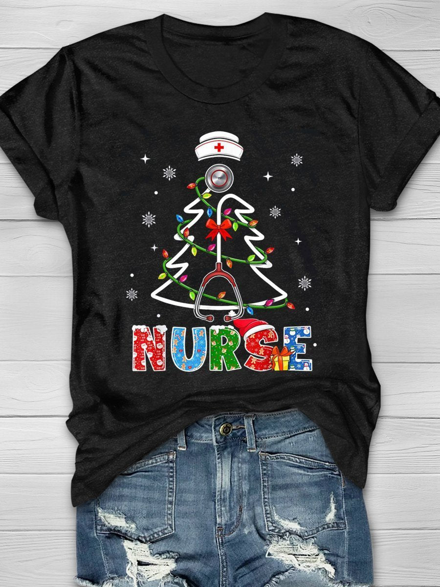 Christmas Nurse Print Short Sleeve T-shirt
