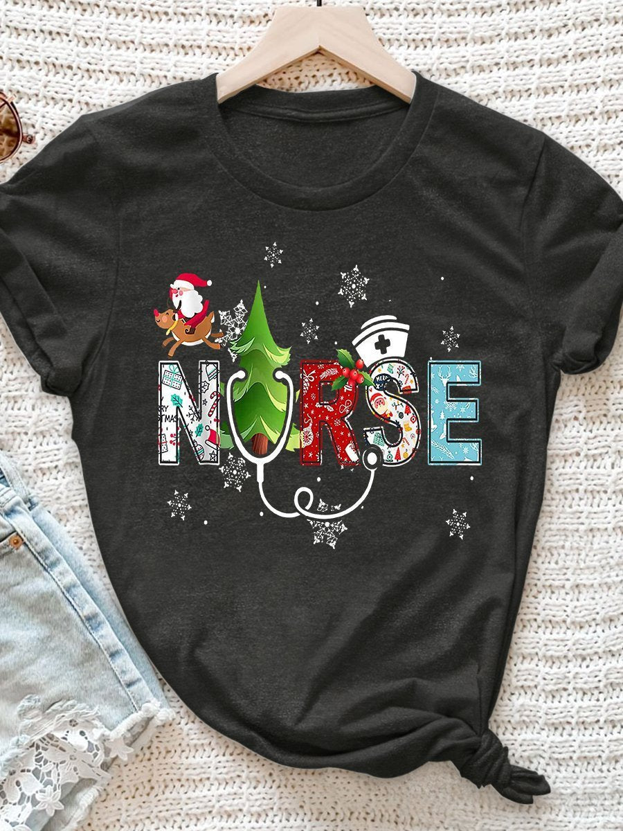 Christmas Nurse Print Short Sleeve T-shirt