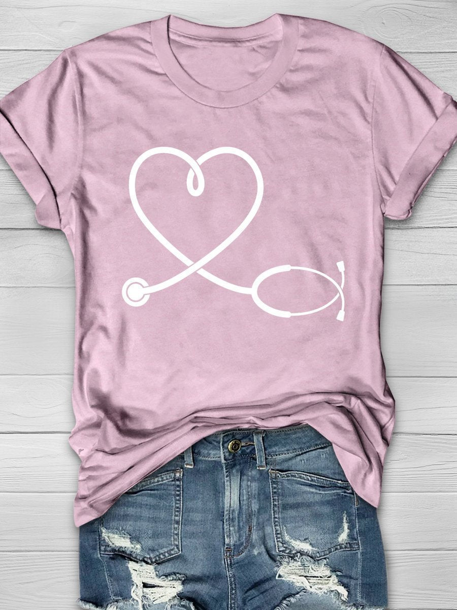 Nurse Stethoscope Love Print Short Sleeve T-shirt