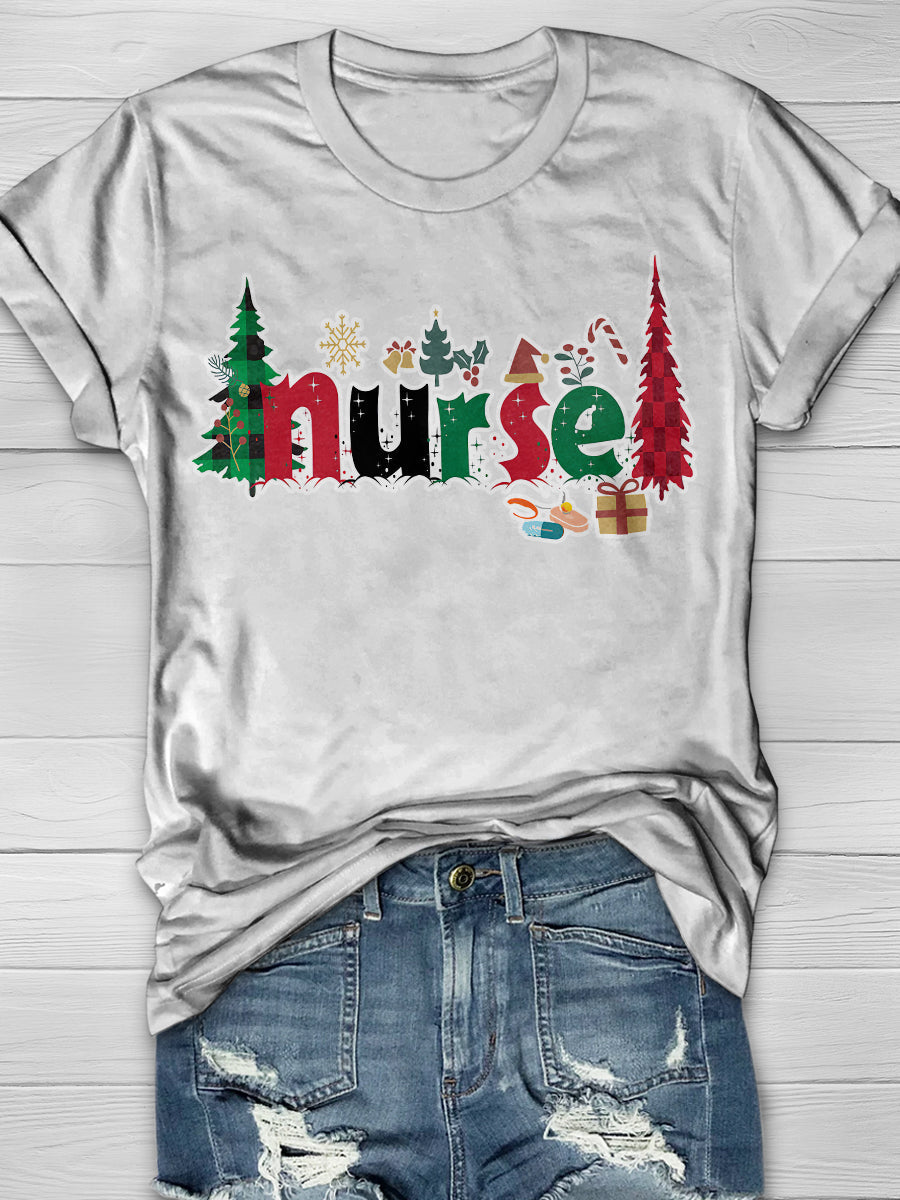 Christmas Nurse Print Short Sleeve T-shirt