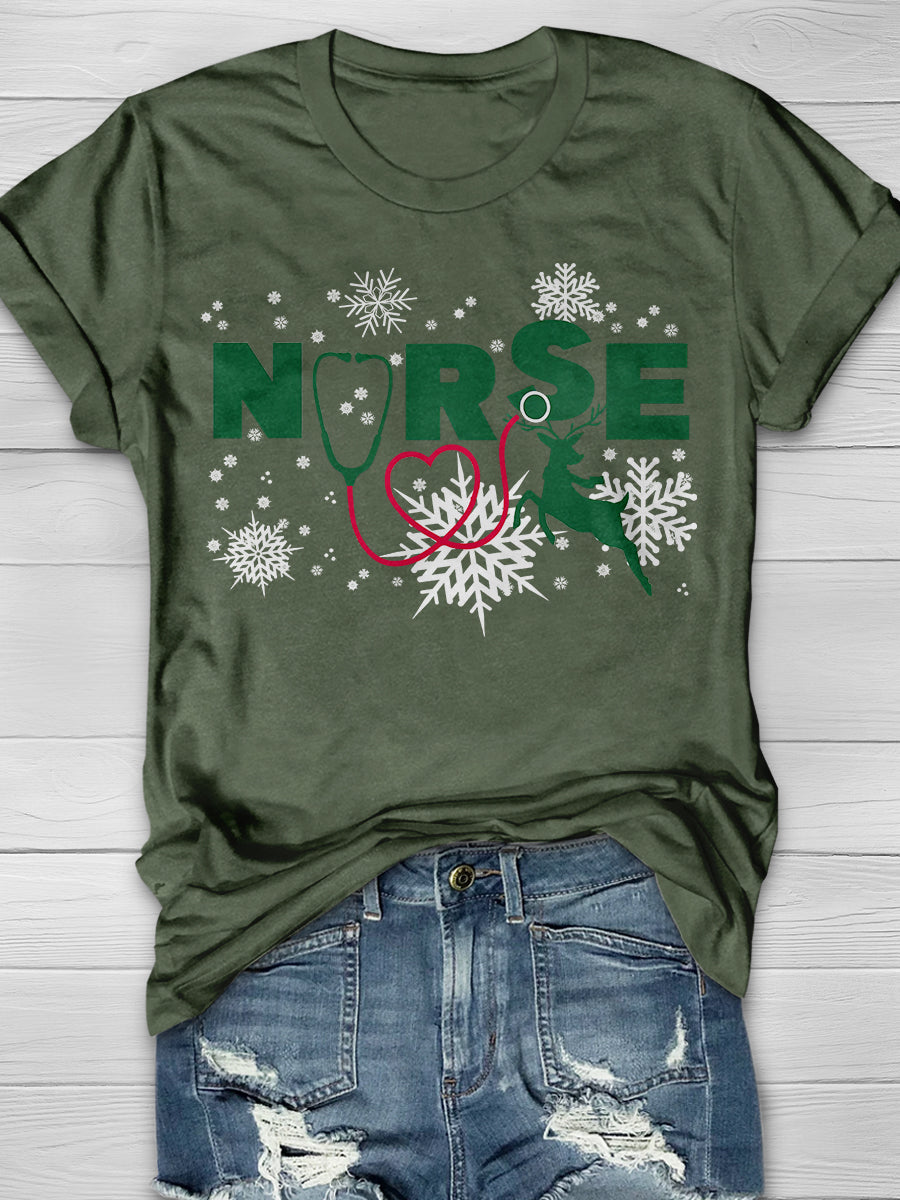 Christmas Nurse Crew Print Short Sleeve T-shirt