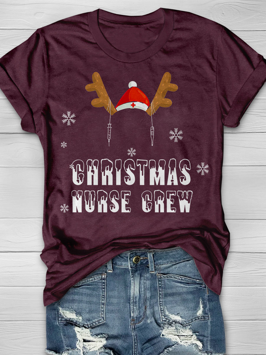 Christmas Nurse Crew Reindeer Print Short Sleeve T-shirt