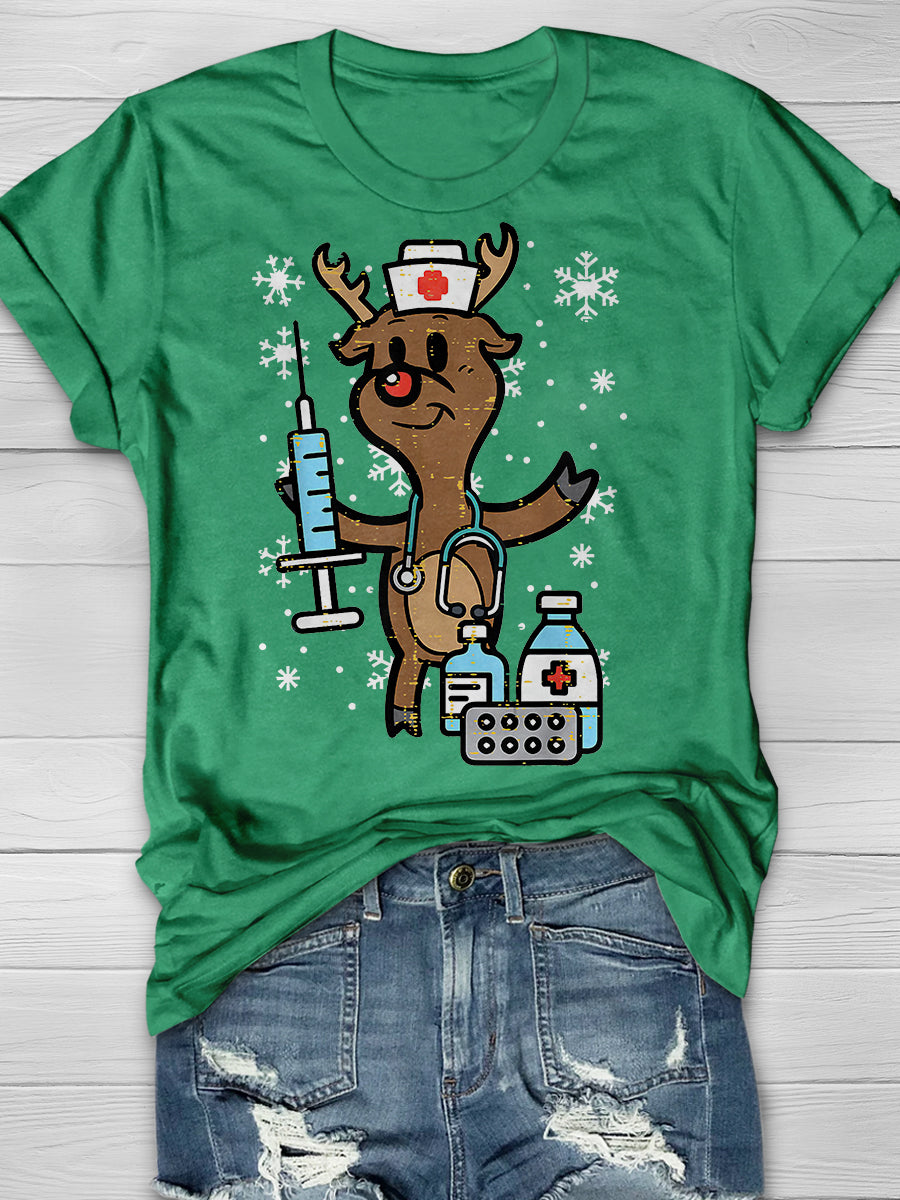 Christmas Nurse Reindeer Funny Print Short Sleeve T-shirt