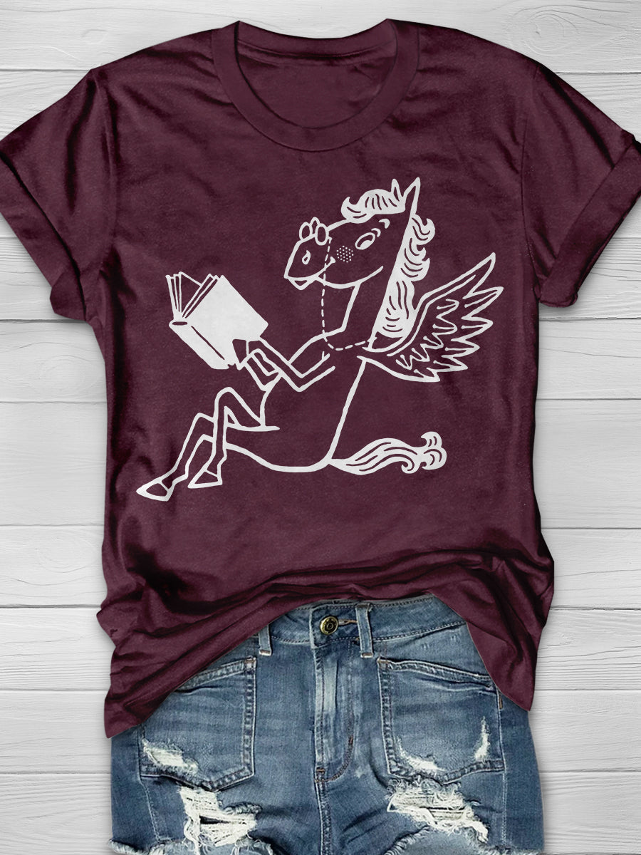 Pegasus Reading Book Print Graphic T-shirts