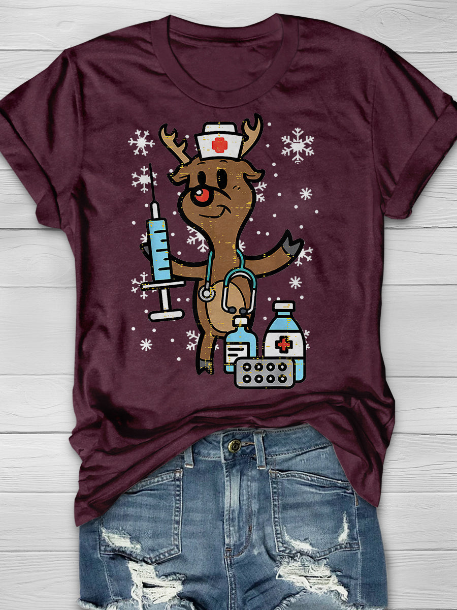 Christmas Nurse Reindeer Funny Print Short Sleeve T-shirt