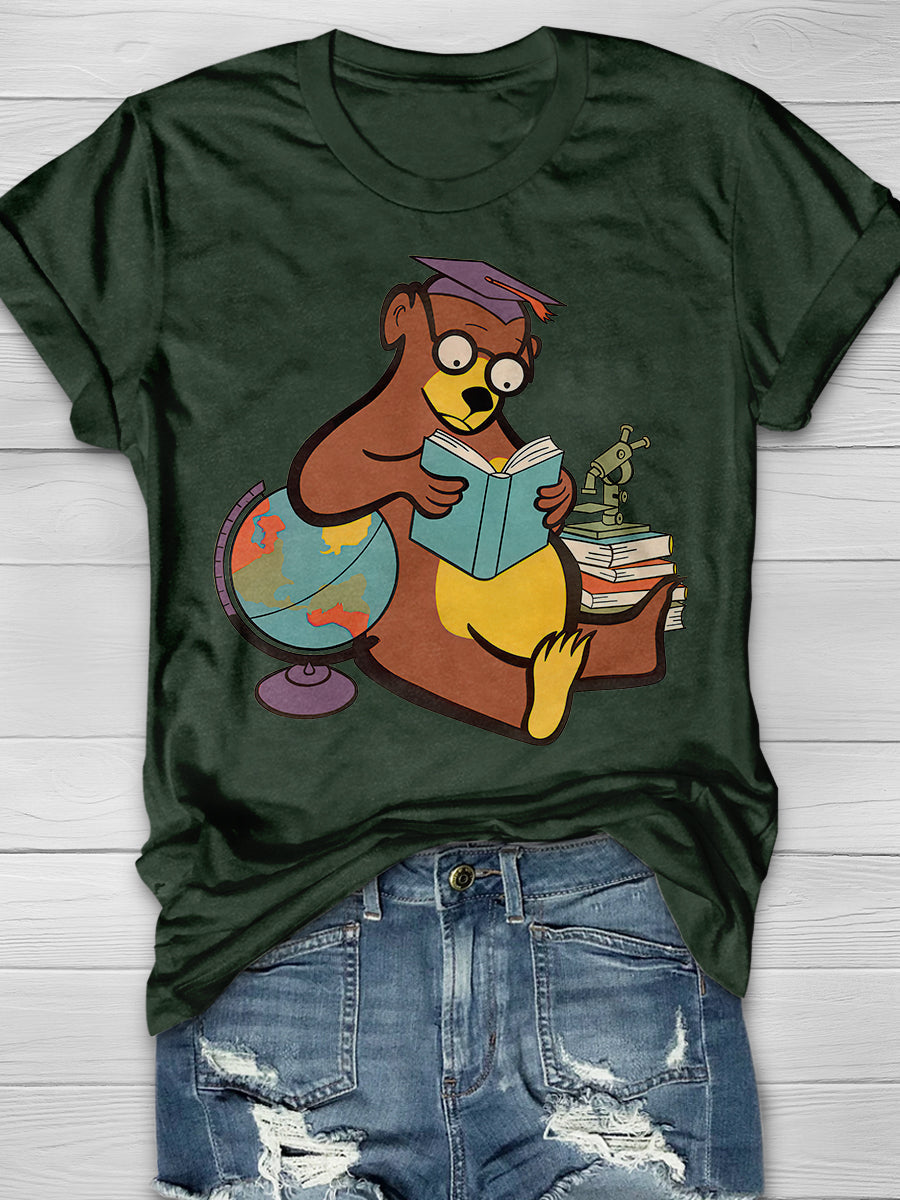 Scholarly Bear Reading Print Graphic T-shirts