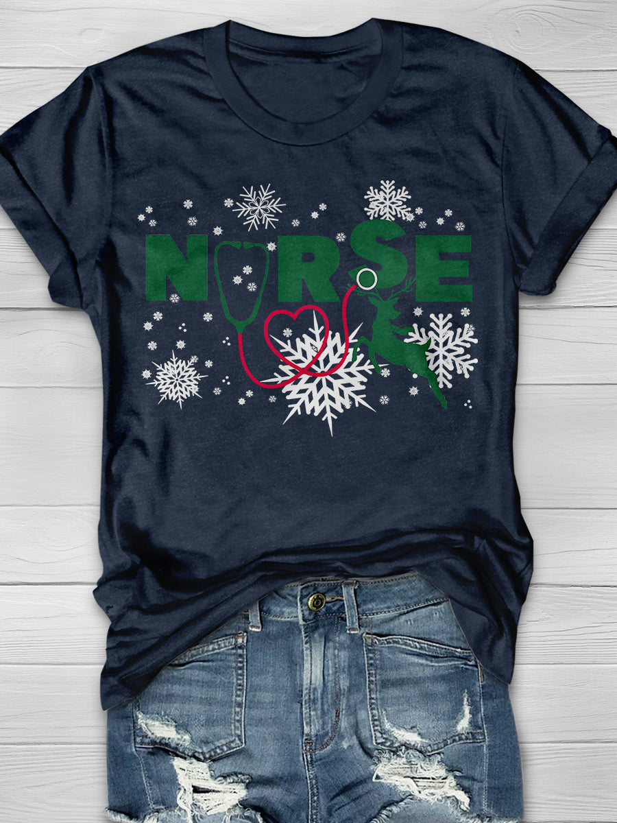 Christmas Nurse Crew Print Short Sleeve T-shirt