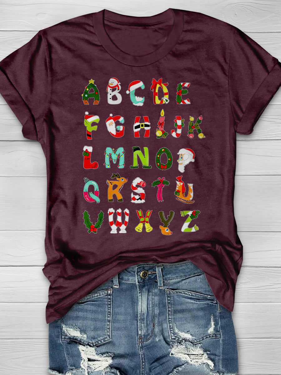 Christmas Alphabet Print Graphic T-shirts