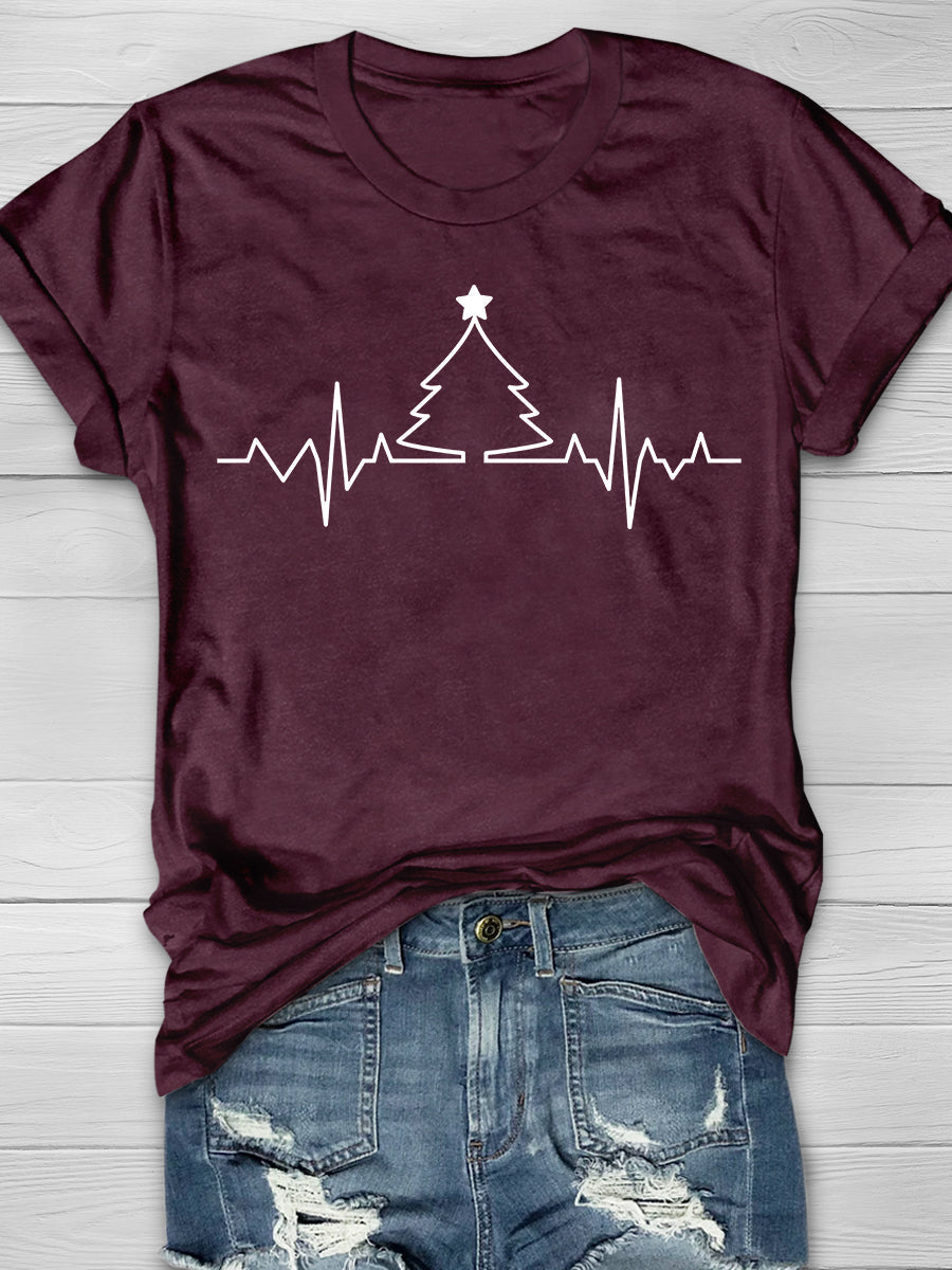 Christmas Tree Heart Ryhthem Print Short Sleeve T-shirt