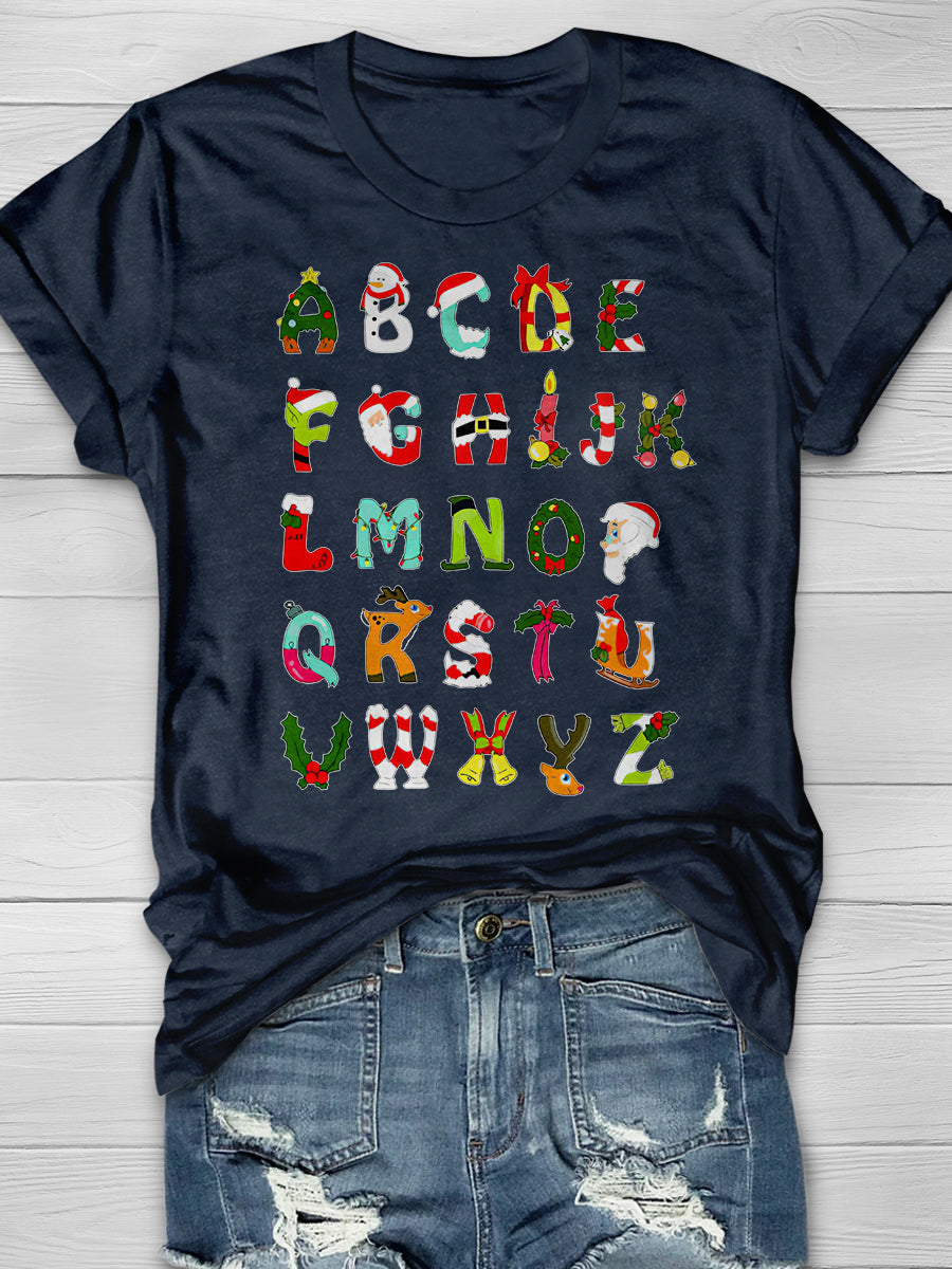 Christmas Alphabet Print Graphic T-shirts