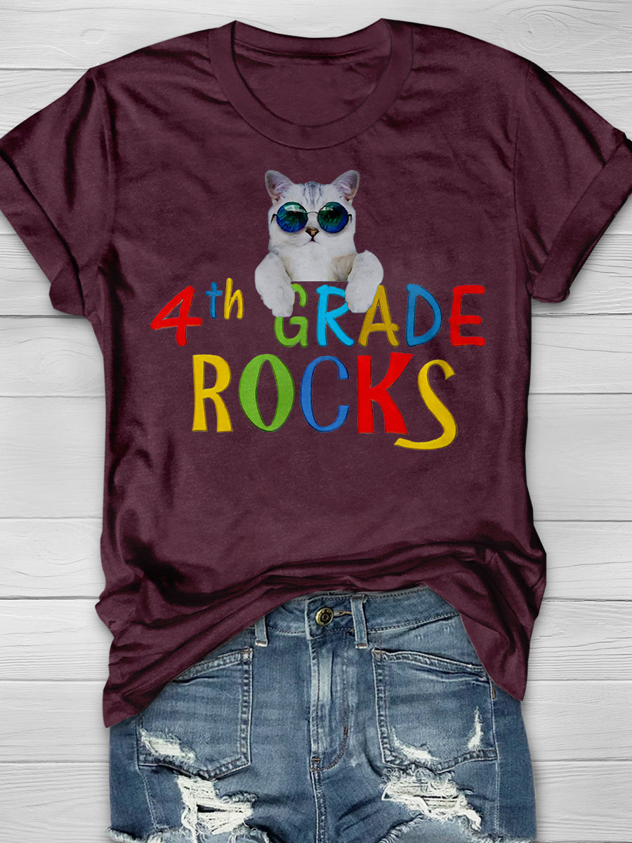 4th Grade Rocks Cool Cat Print Graphic T-shirts