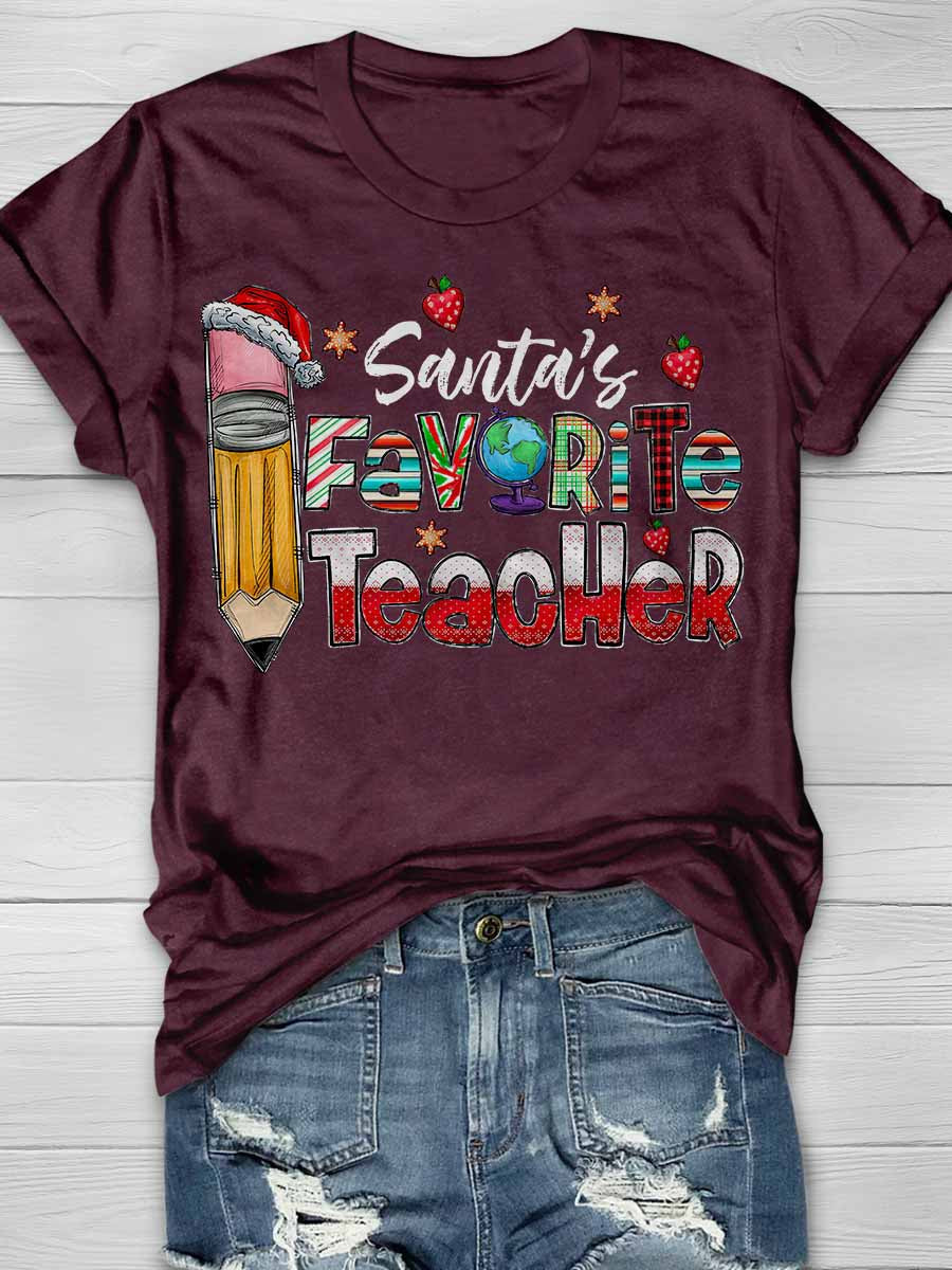 Santa's Favorite Teacher Print Graphic T-shirts