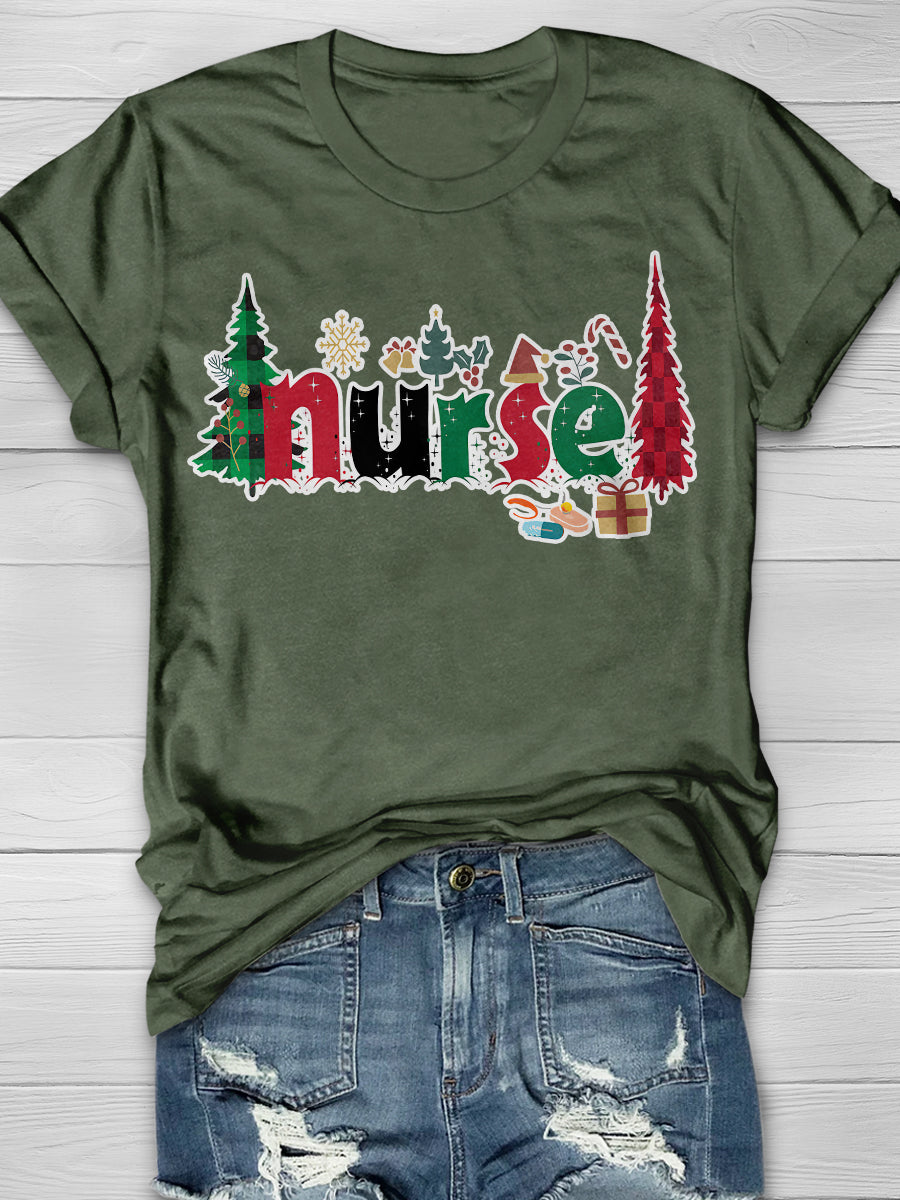 Christmas Nurse Print Short Sleeve T-shirt