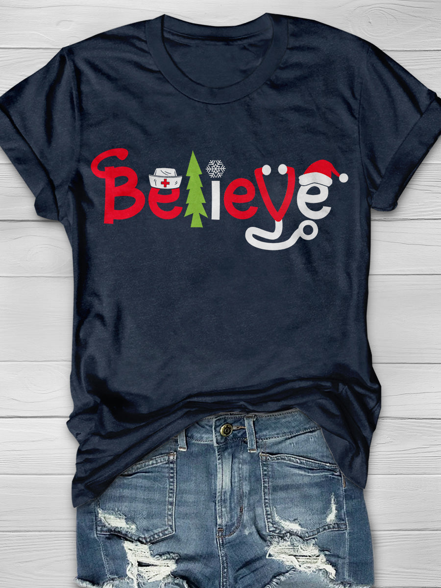 Christmas Nurse Believe Print Short Sleeve T-shirt