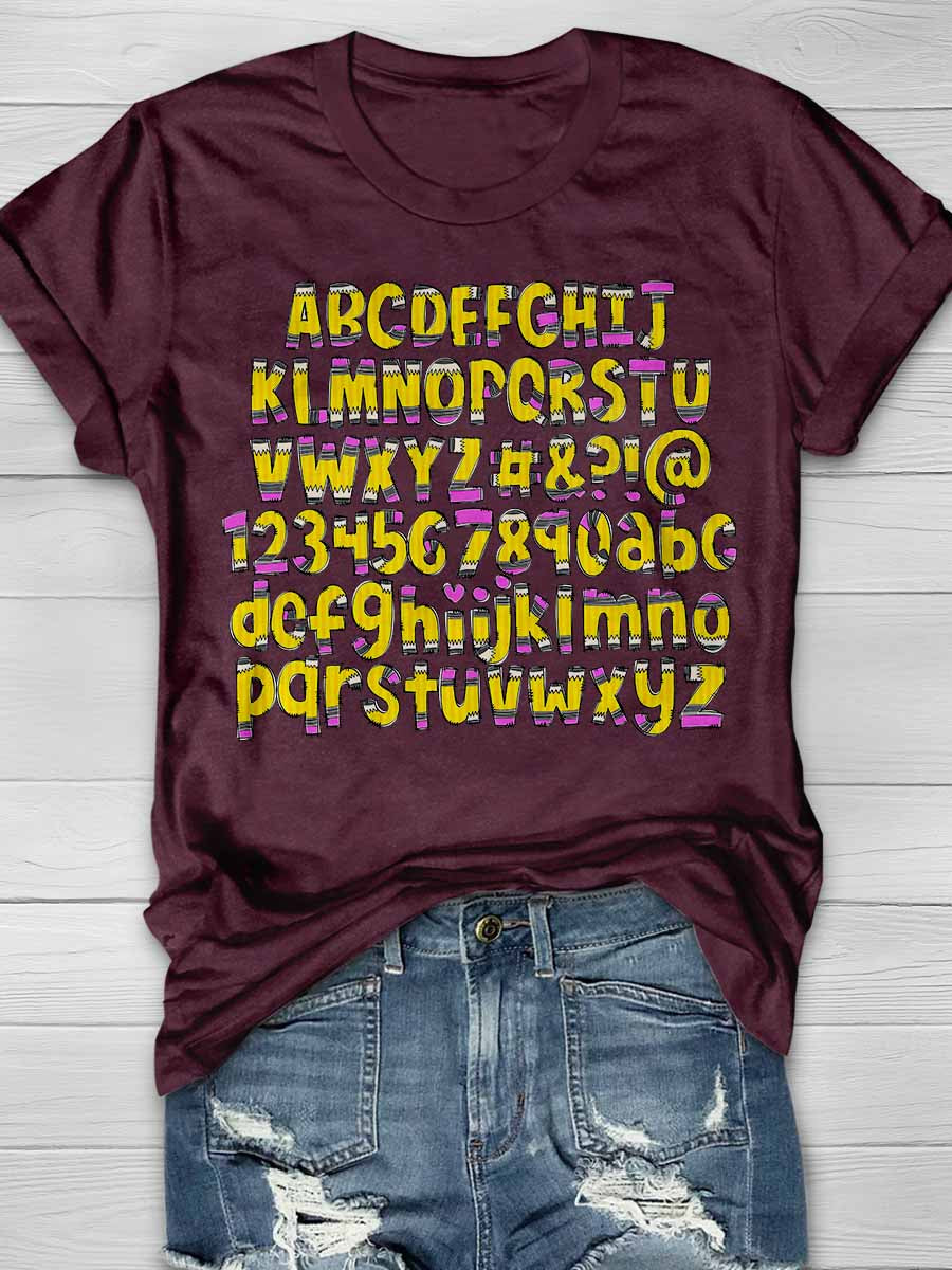 Pencil Letters Numbers Print Graphic T-shirts