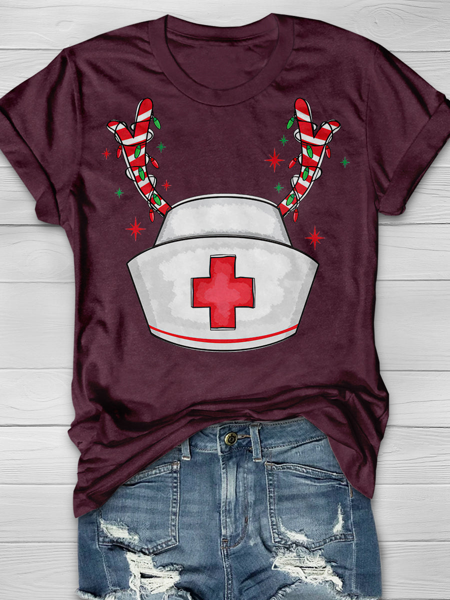 Christmas Nurse Hat Reindeer Print Short Sleeve T-shirt