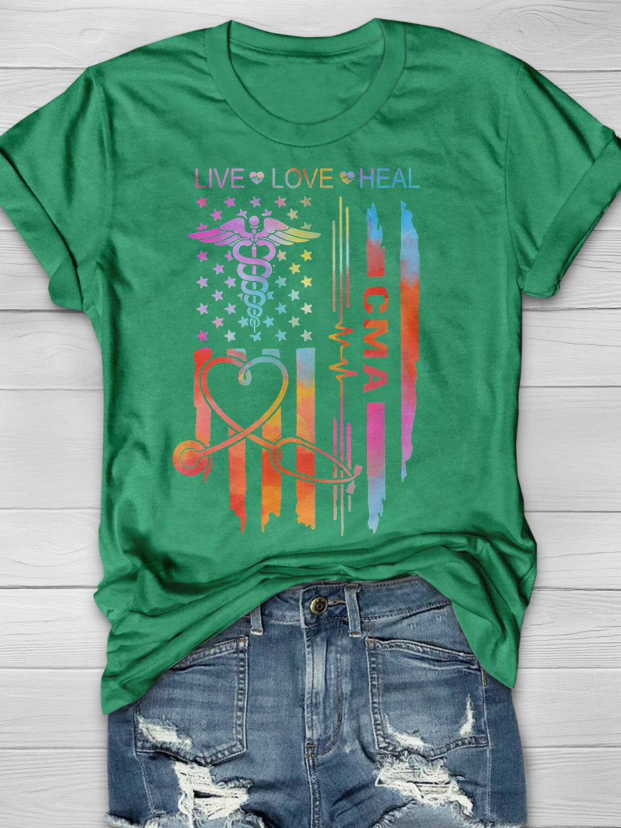 CMA Nurse US Flag Print Short Sleeve T-shirt