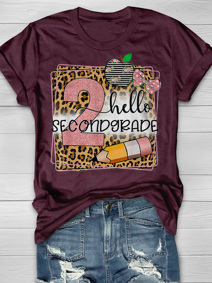 Hello Second Grade Leopard Print Graphic T-shirts