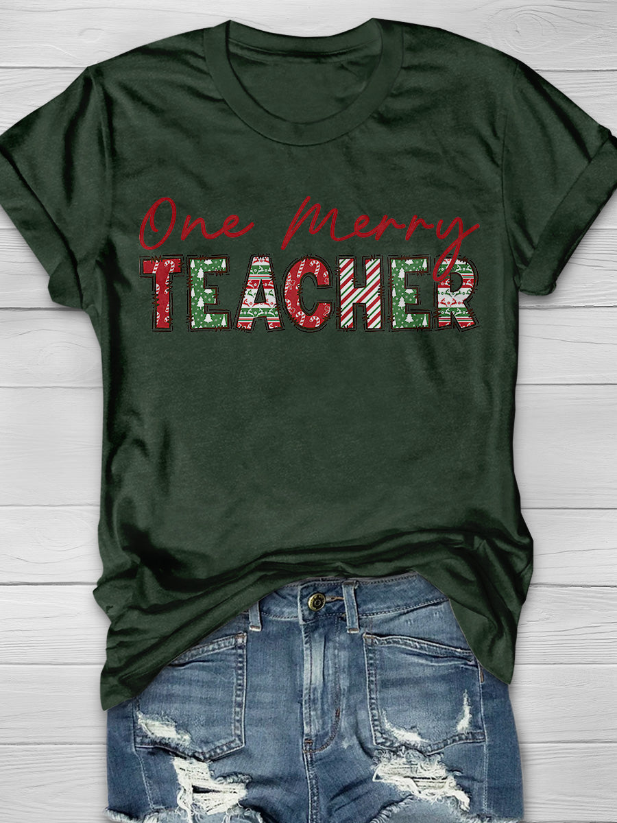 Retro One Merry Teacher Print Graphic T-shirts