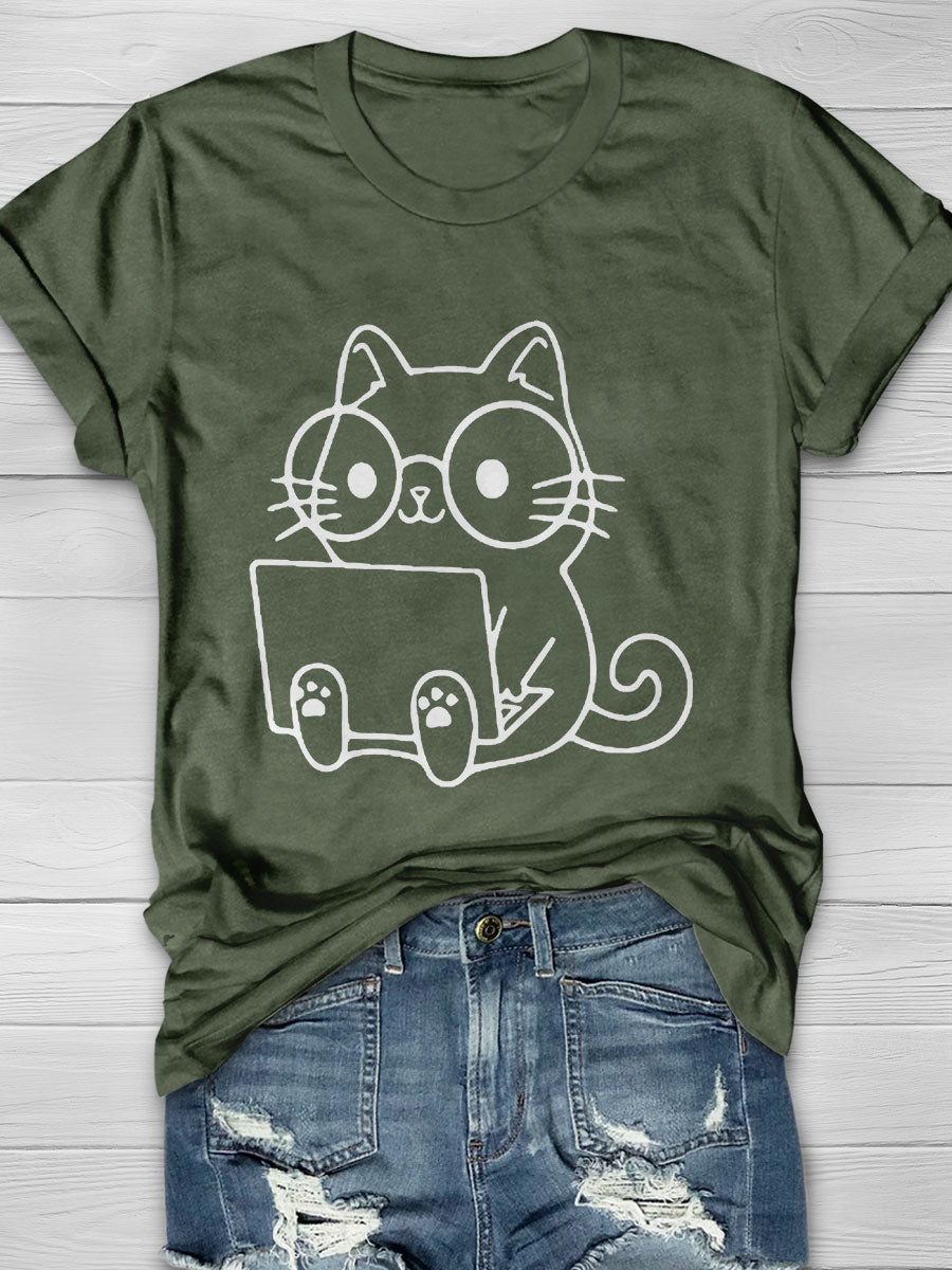 Computer Cat Print Short Sleeve T-shirt