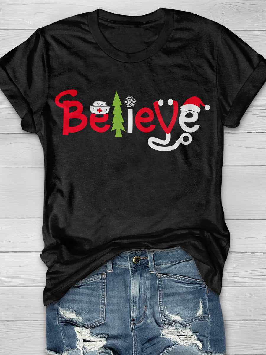 Christmas Nurse Believe Print Short Sleeve T-shirt
