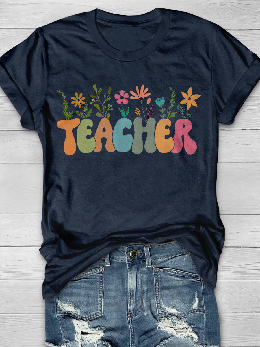 Flower Teacher Print Graphic T-shirts