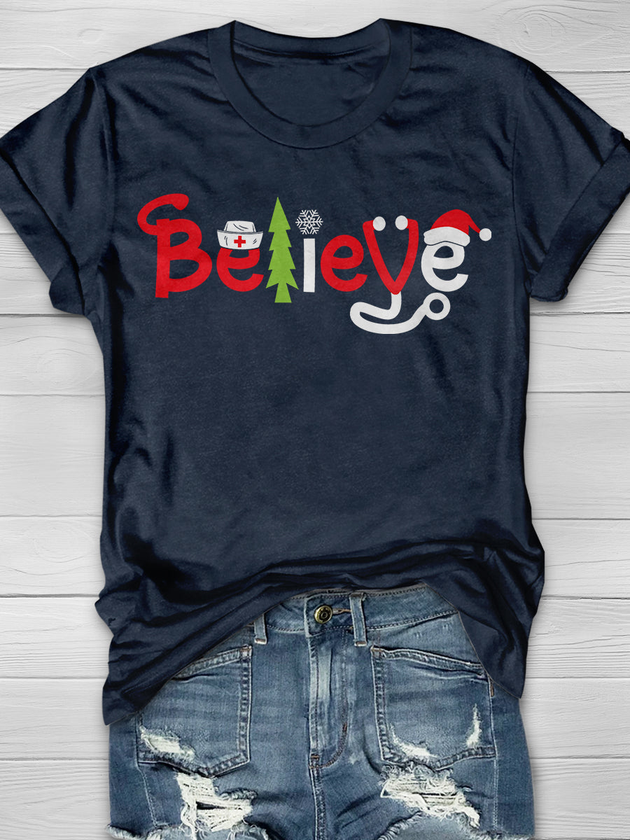 Christmas Nurse Believe Print Short Sleeve T-shirt
