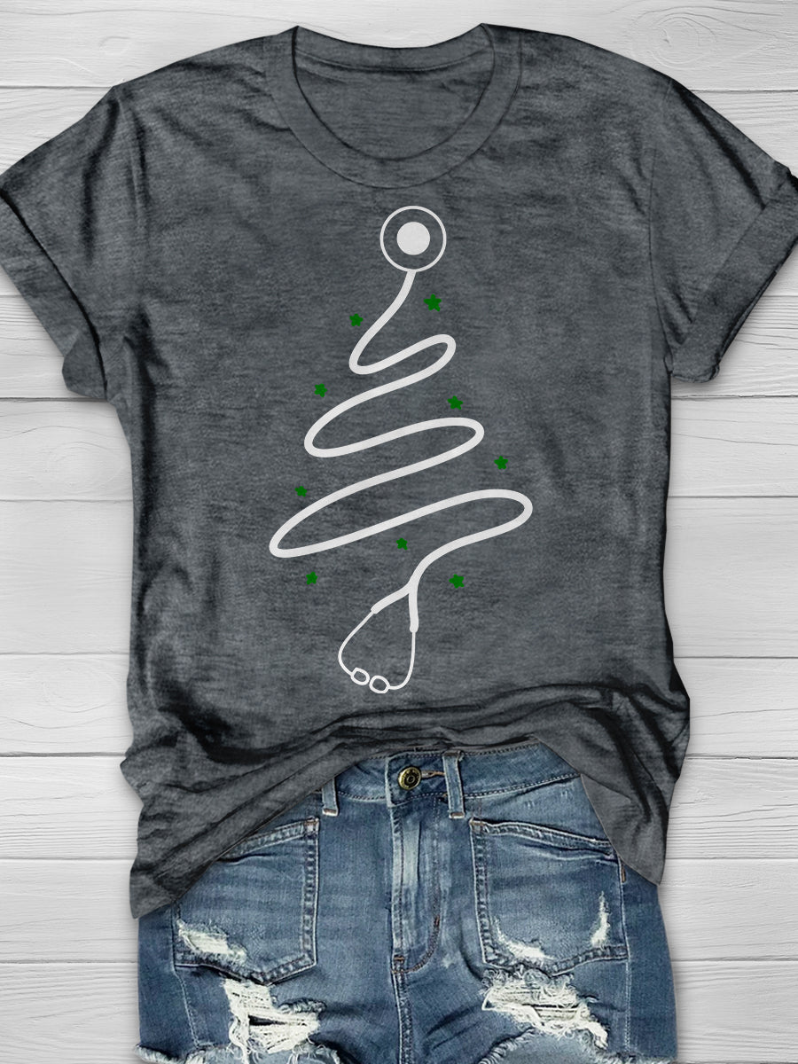 Christmas Stethoscope Tree Print Short Sleeve T-shirt