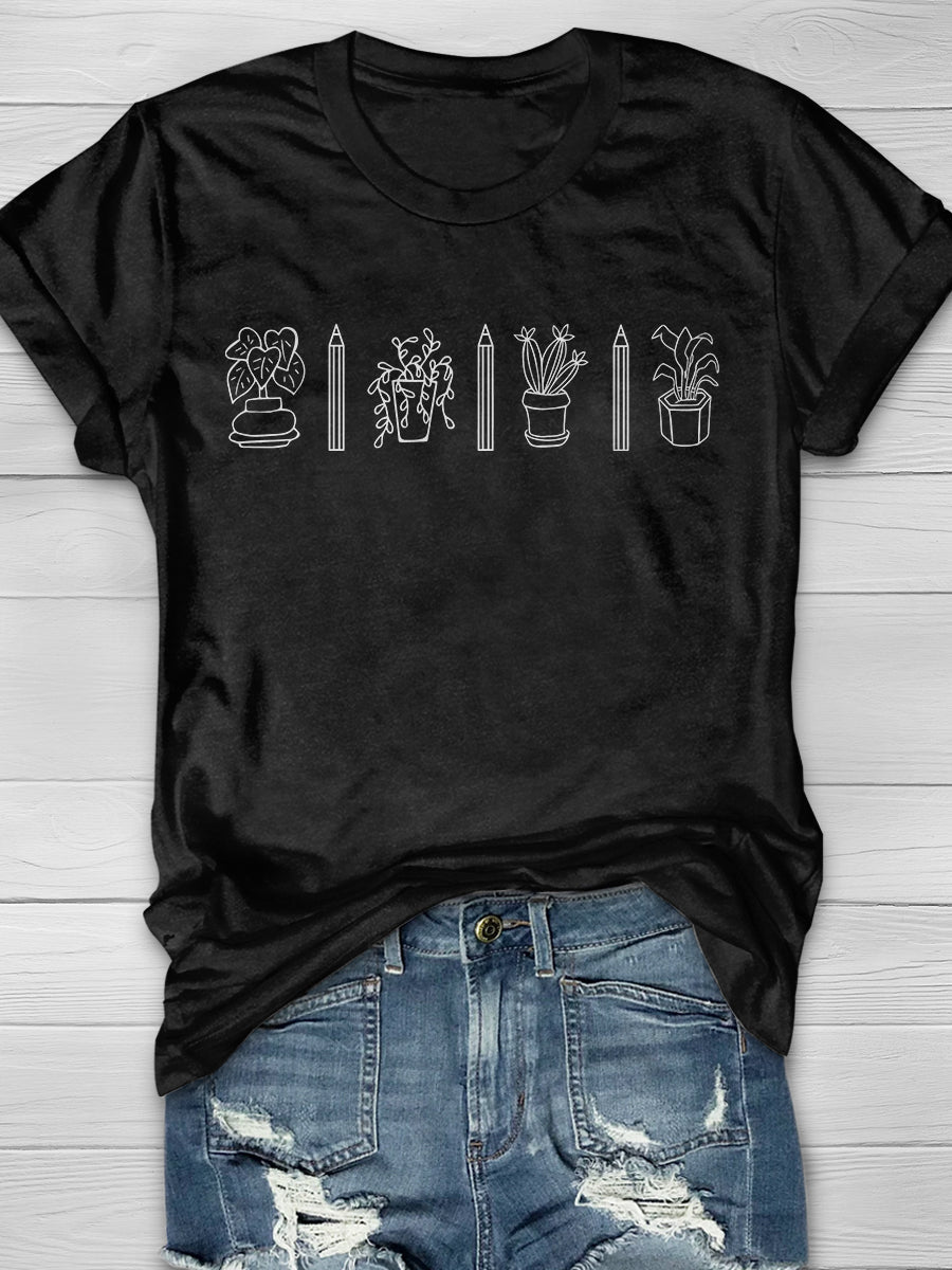 Plant Pencil Print Graphic T-shirts