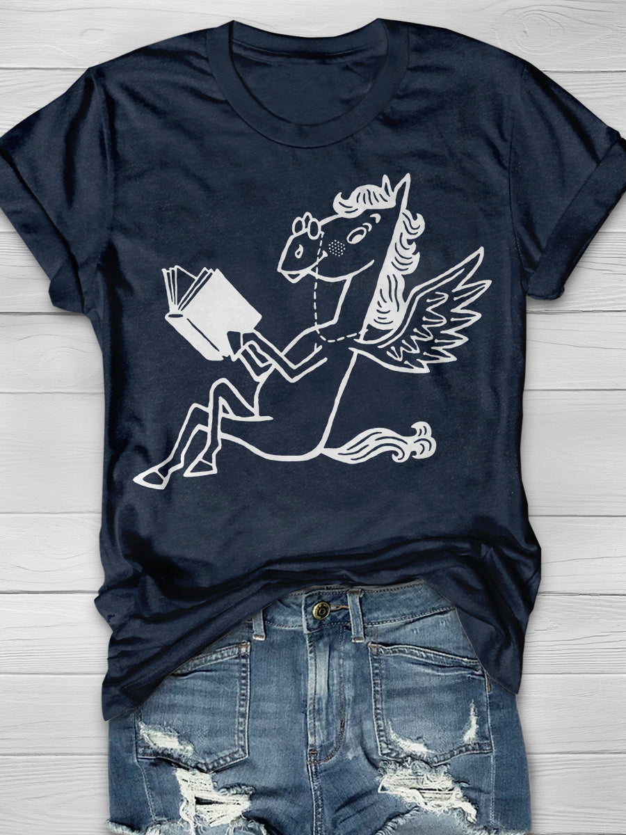 Pegasus Reading Book Print Graphic T-shirts