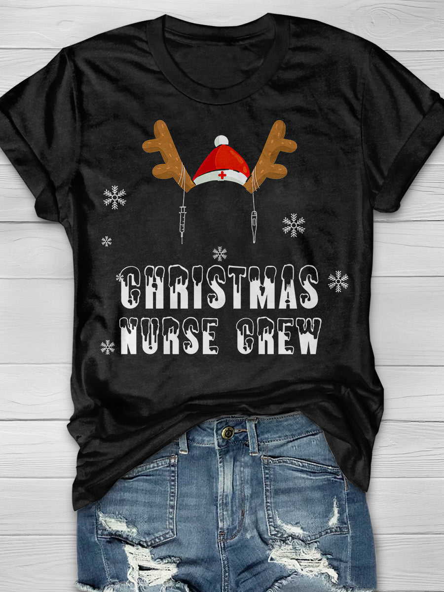 Christmas Nurse Crew Reindeer Print Short Sleeve T-shirt