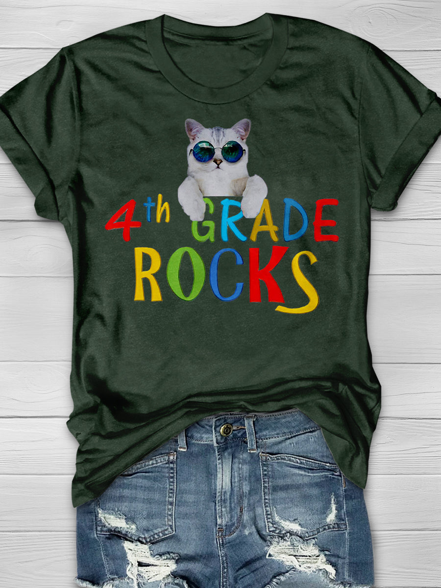 4th Grade Rocks Cool Cat Print Graphic T-shirts