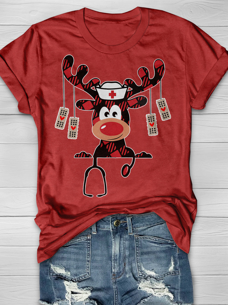 Christmas Reindeer Nurse Print Short Sleeve T-shirt