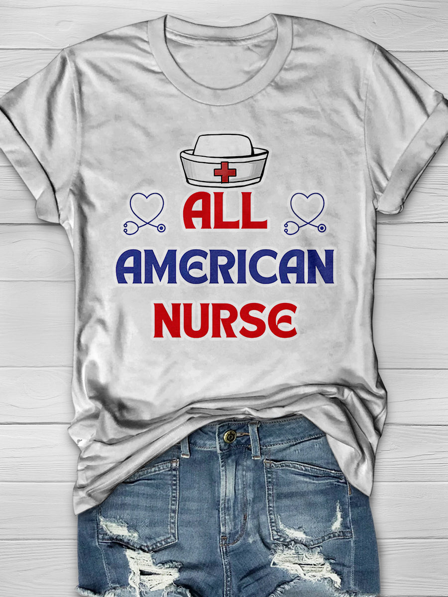 American Patriotic Nurse Print Short Sleeve T-shirt
