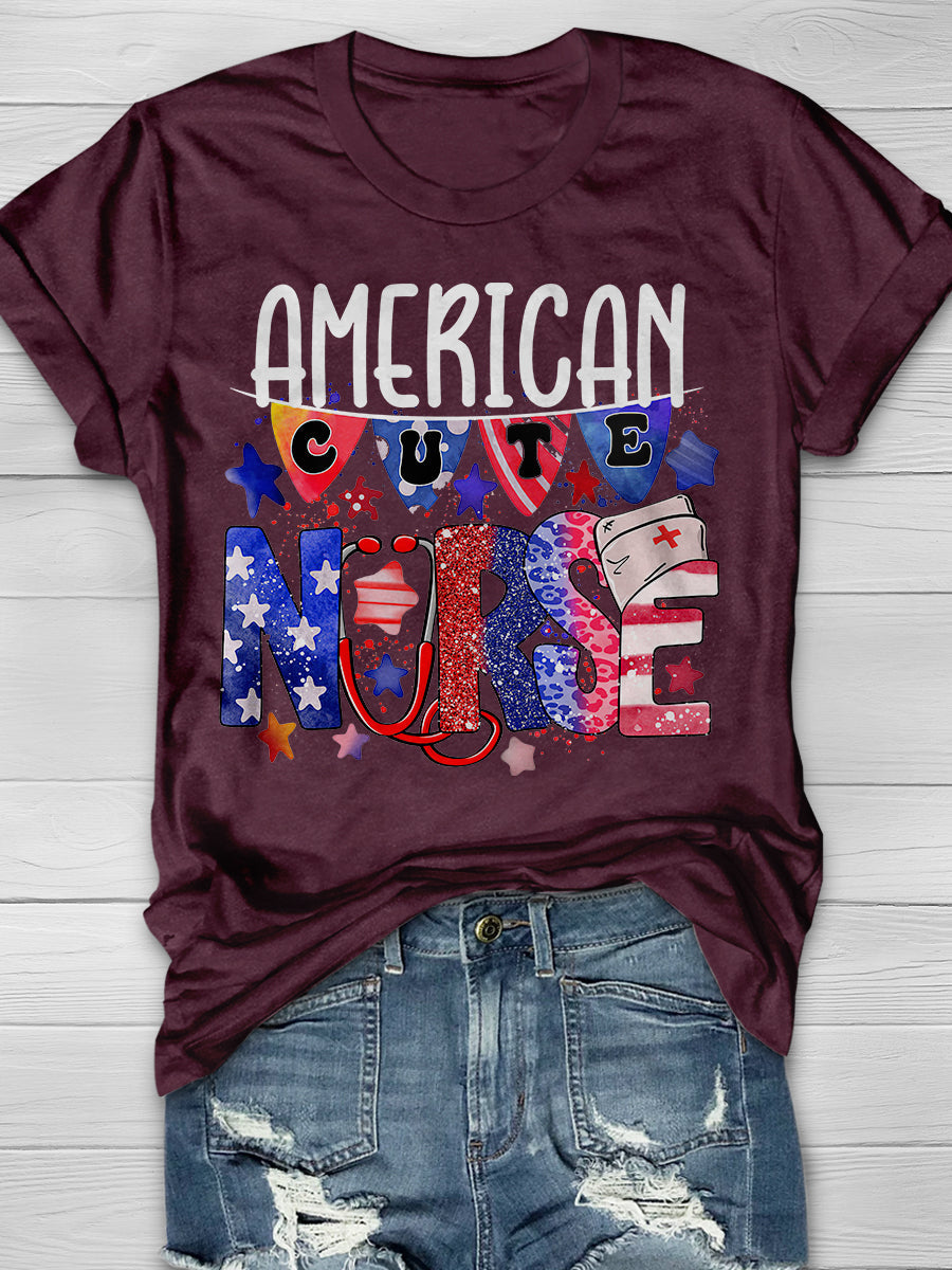 American Cute Nurse Print Short Sleeve T-shirt