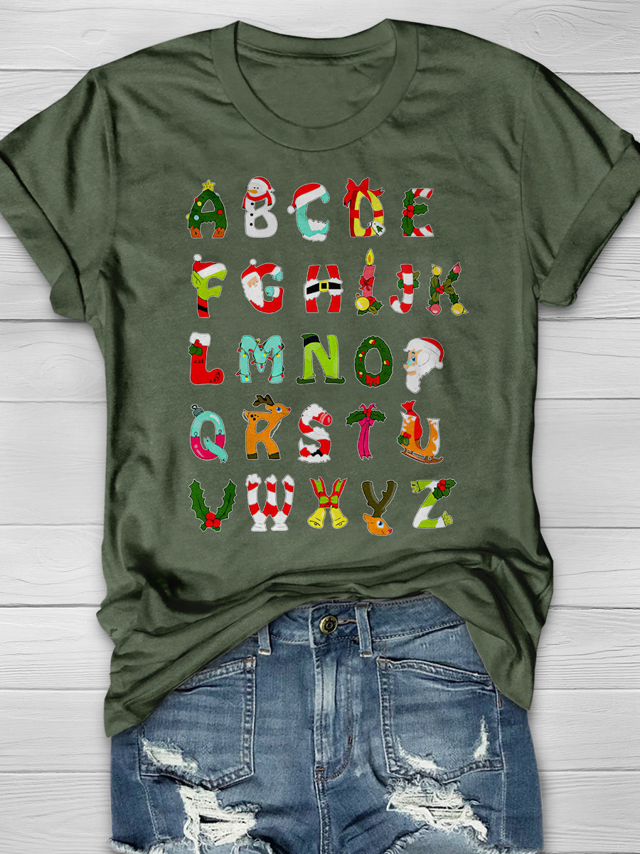 Christmas Alphabet Print Graphic T-shirts