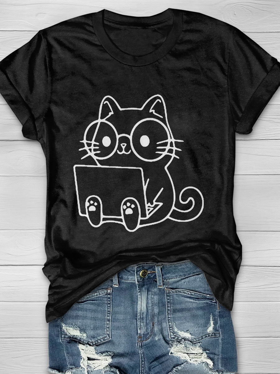 Computer Cat Print Short Sleeve T-shirt
