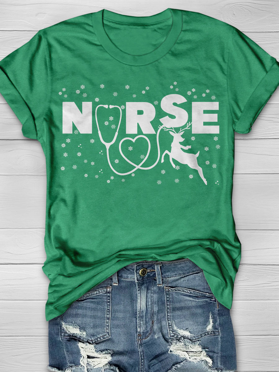 Christmas Reindeer Nurse Print Short Sleeve T-shirt