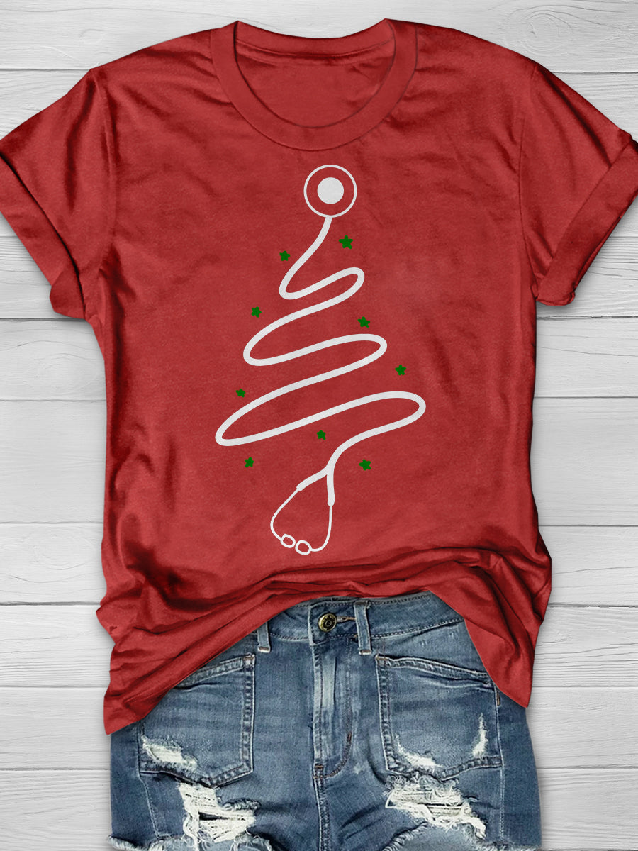 Christmas Stethoscope Tree Print Short Sleeve T-shirt