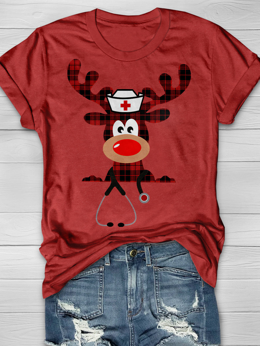Christmas Deer Nurse Print Short Sleeve T-shirt
