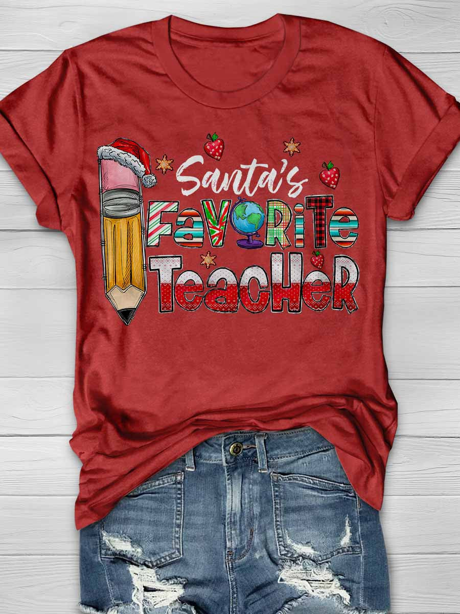 Santa's Favorite Teacher Print Graphic T-shirts