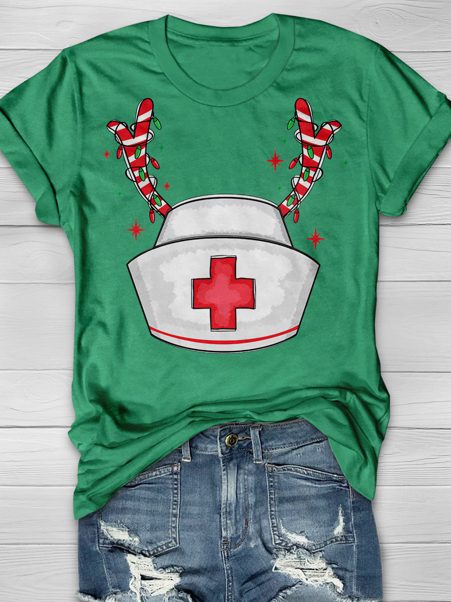 Christmas Nurse Hat Reindeer Print Short Sleeve T-shirt