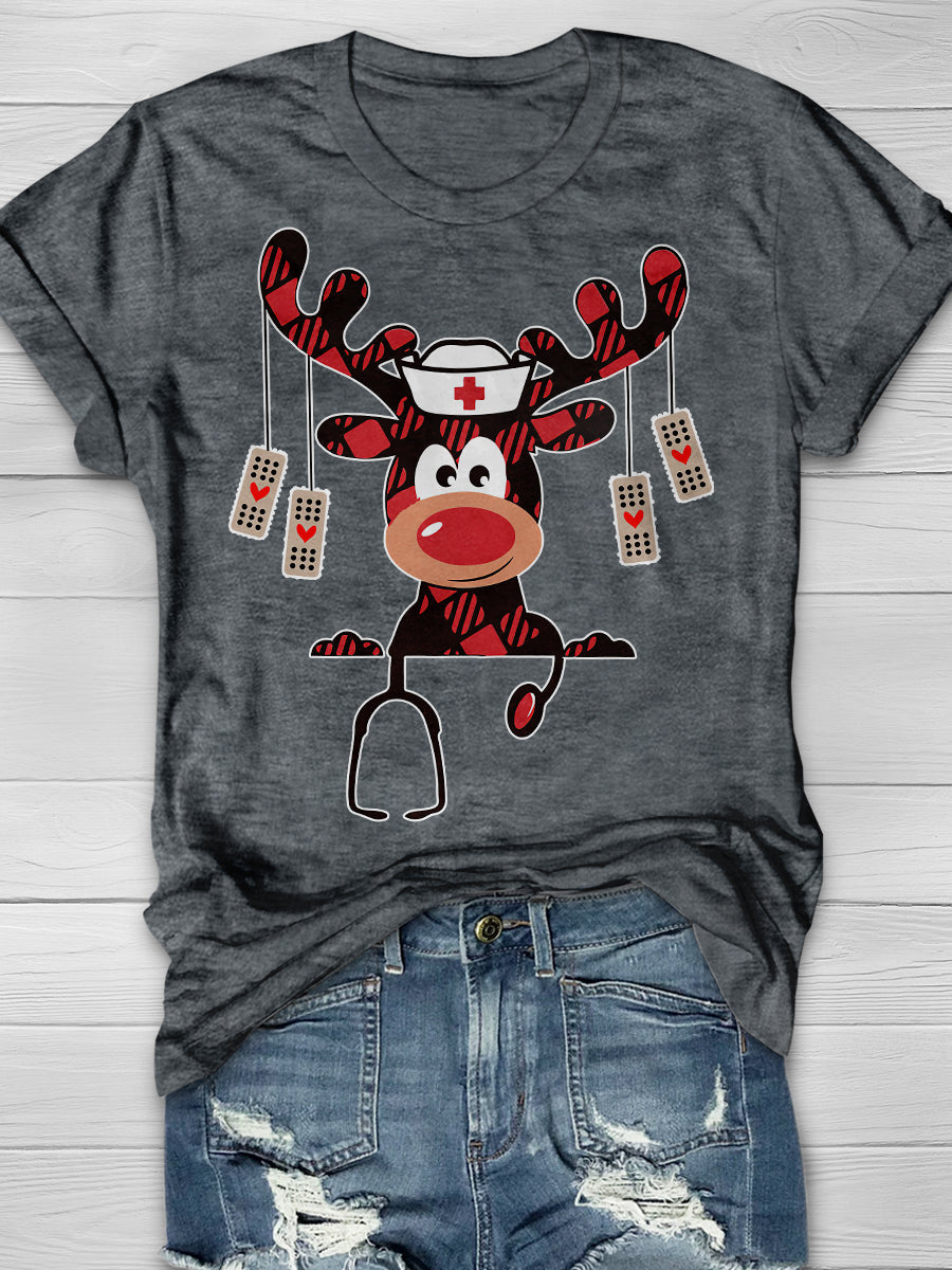 Christmas Reindeer Nurse Print Short Sleeve T-shirt