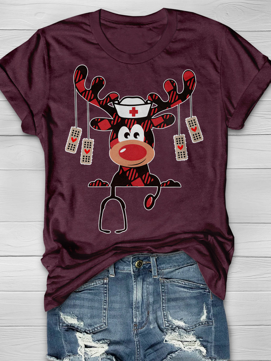 Christmas Reindeer Nurse Print Short Sleeve T-shirt
