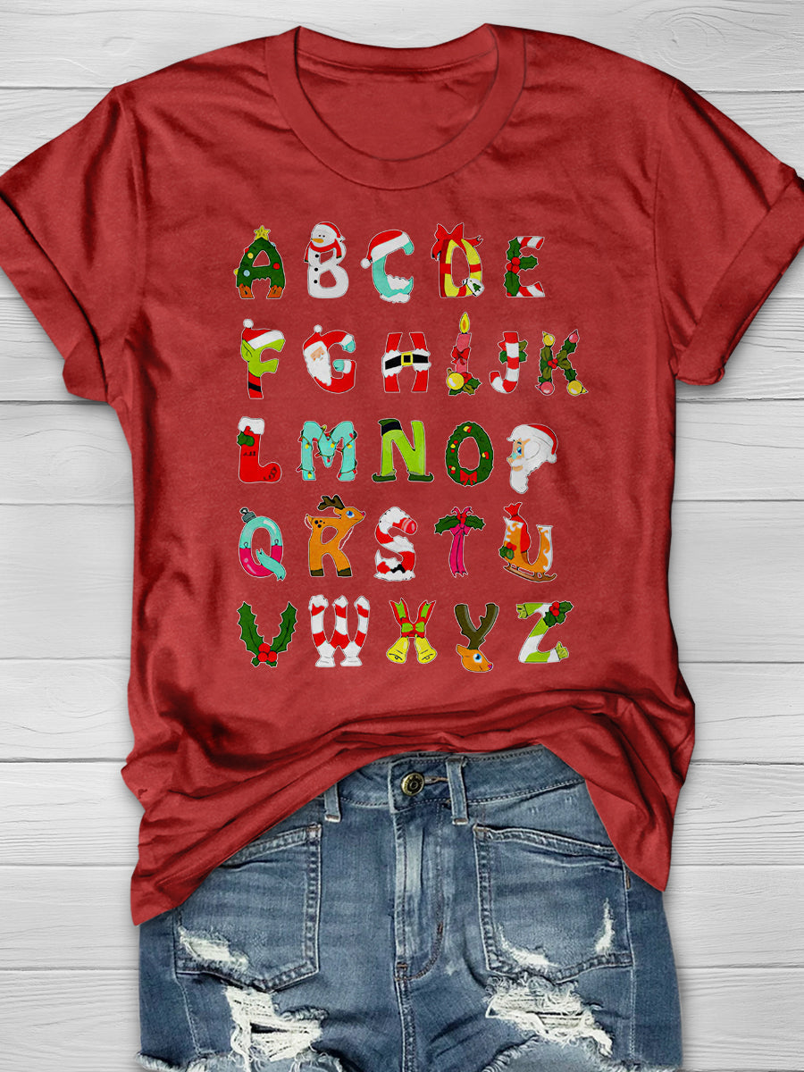 Christmas Alphabet Print Graphic T-shirts