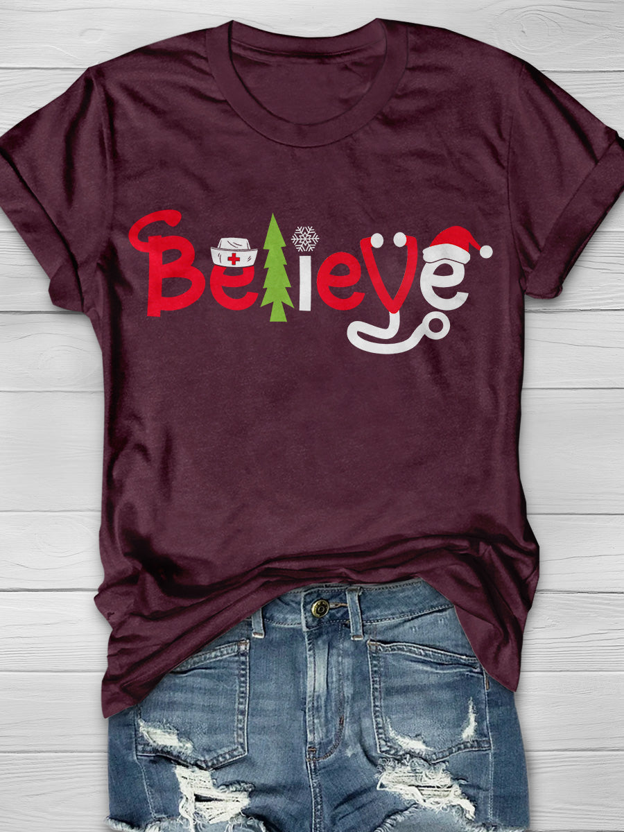 Christmas Nurse Believe Print Short Sleeve T-shirt