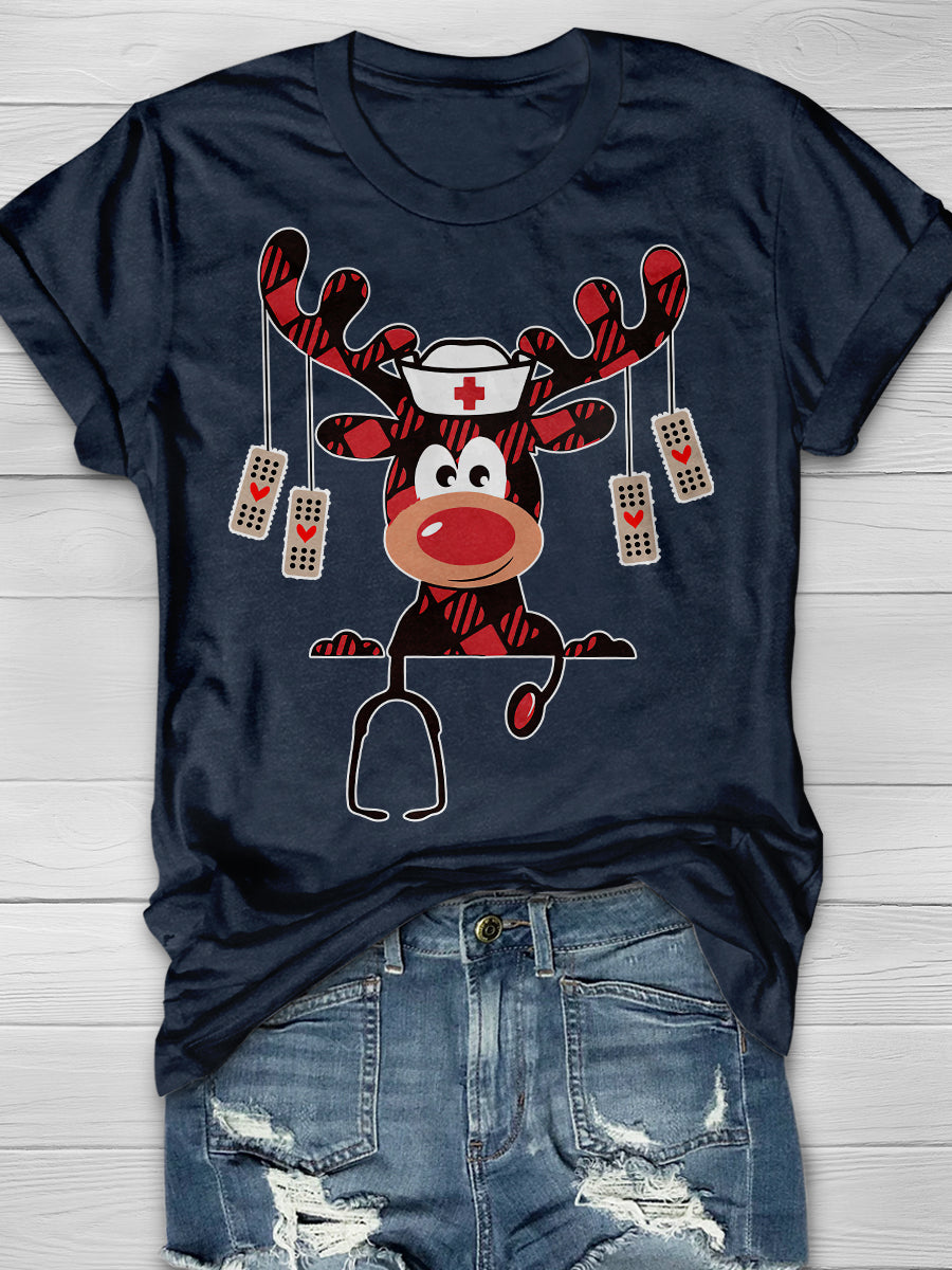 Christmas Reindeer Nurse Print Short Sleeve T-shirt