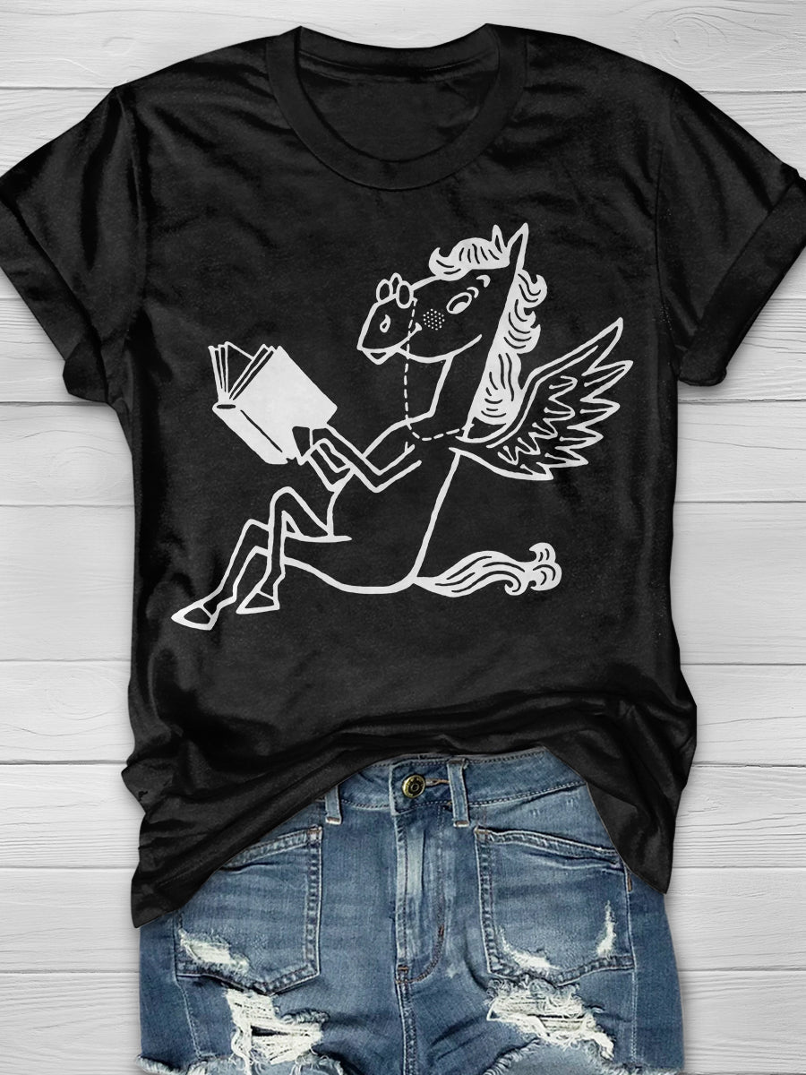 Pegasus Reading Book Print Graphic T-shirts