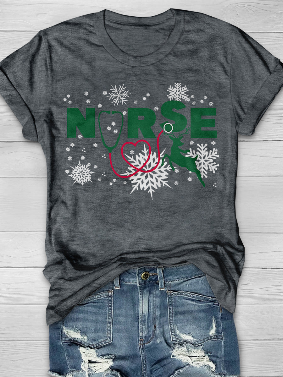 Christmas Nurse Crew Print Short Sleeve T-shirt